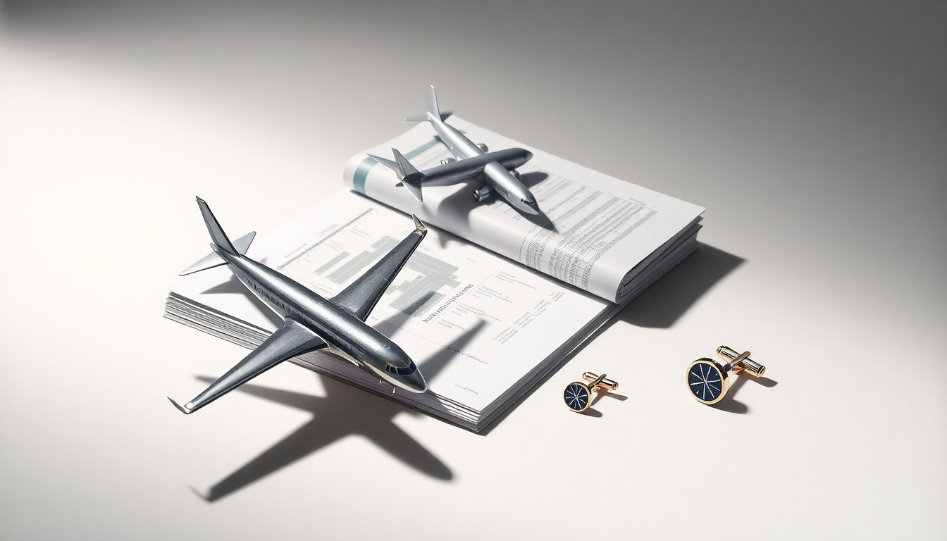 A photorealistic studio still life featuring a polished metal airplane model, financial reports, and aviation-themed cufflinks arranged elegantly on a clean, monochromatic background, conveying the abstract concepts of corporate strategy and finance in the aviation industry.