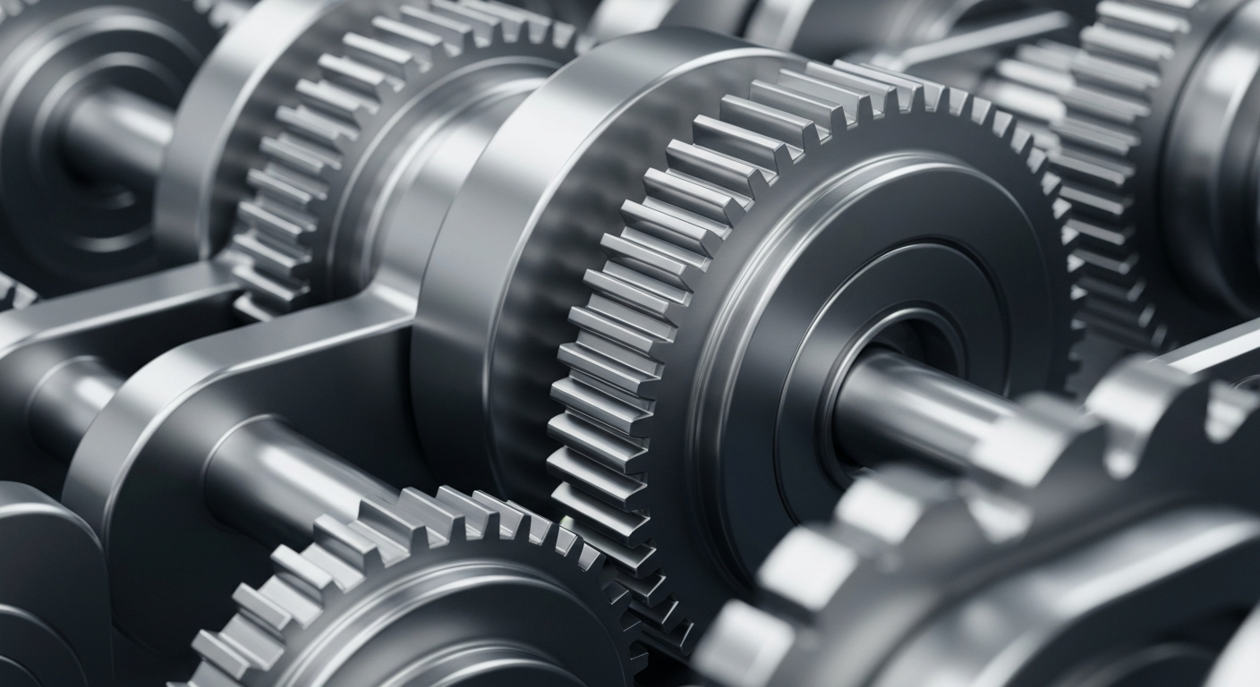 An extreme close-up of intricately detailed, heavy industrial banking machinery and gears in shades of steel grey and chrome, conceptually representing the secure, institutional nature of Chemed's financial operations.
