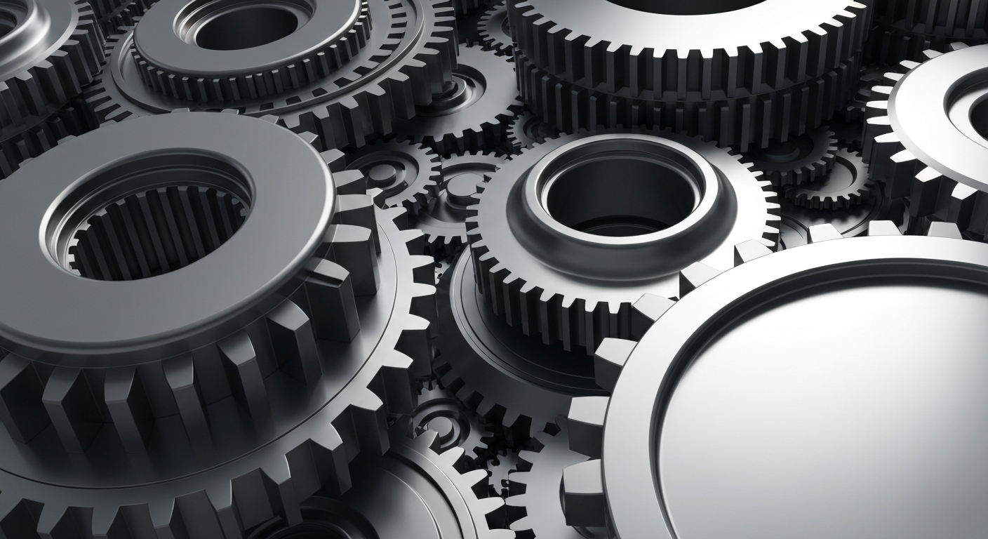 An extreme close-up of highly detailed, interlocking metal gears and machinery in shades of silver, steel, and gunmetal grey, conveying the industrial strength and financial power of the semiconductor industry.