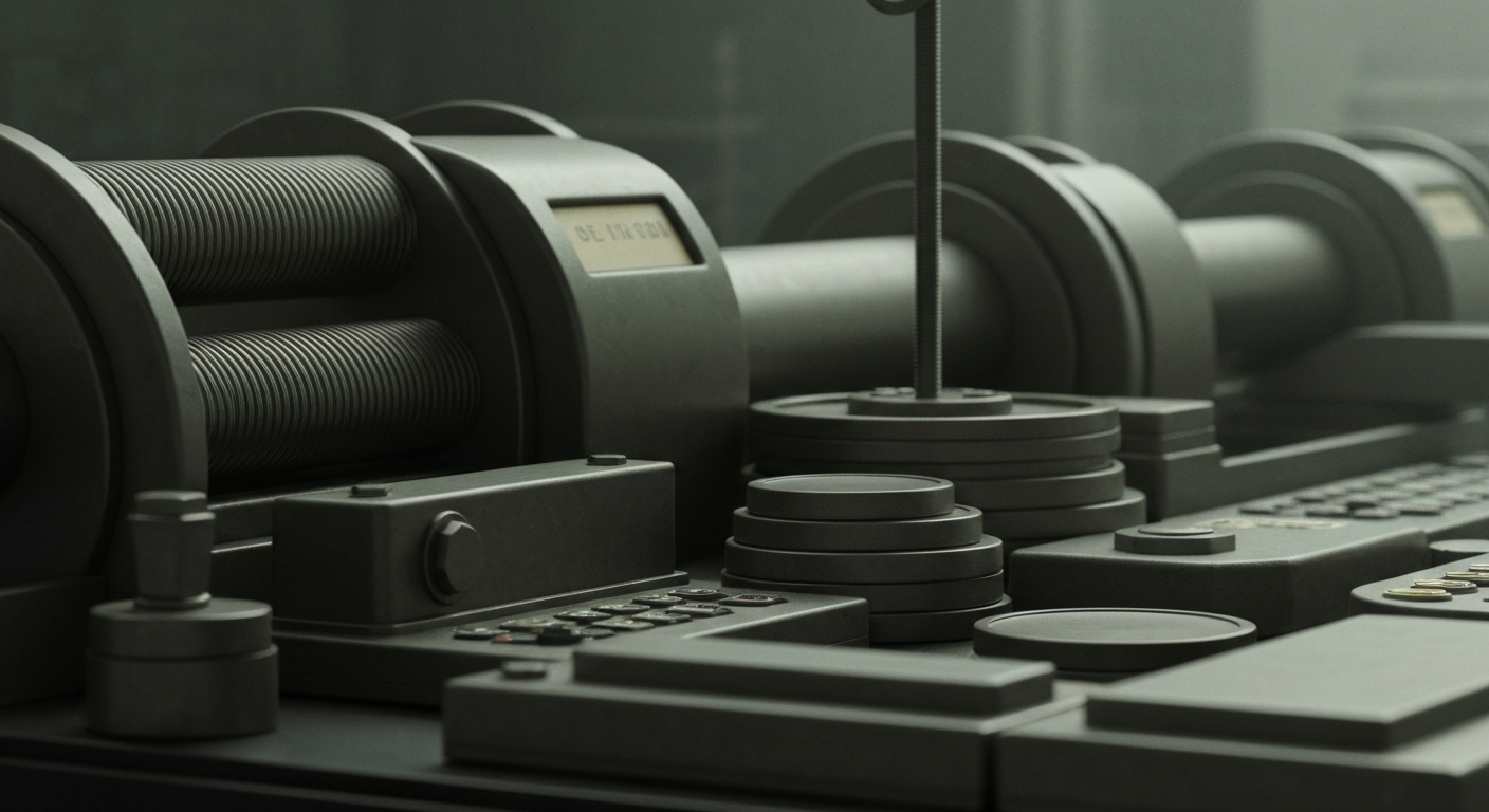 An extreme close-up of gears, levers, and other industrial banking equipment, conveying the complex, behind-the-scenes mechanics of the financial system.