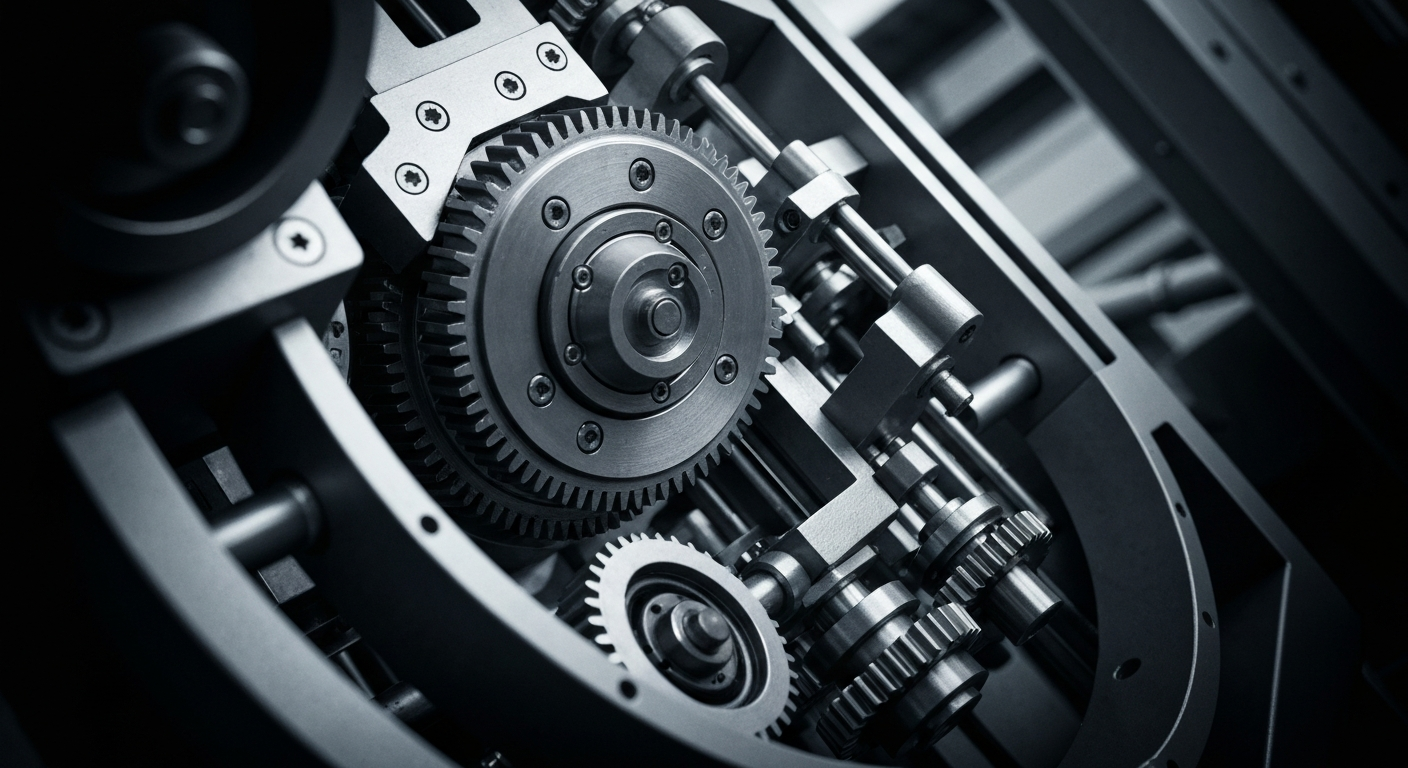 An extreme close-up of the complex inner workings of an industrial shoe manufacturing machine, with gears, pulleys, and other mechanical components filling the frame in a high-contrast, textured composition that conveys the scale and precision behind NIKE's products.