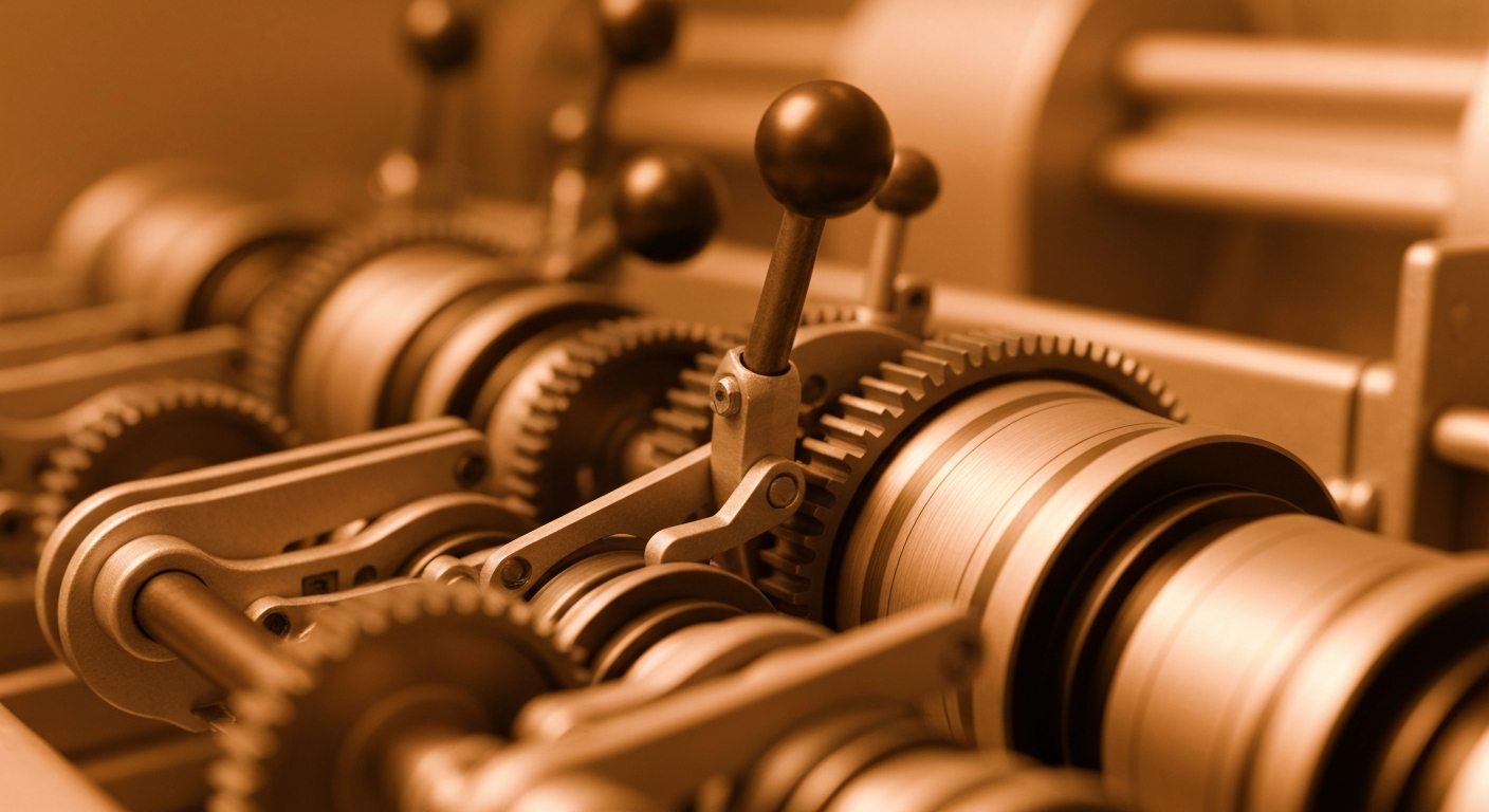 An extreme close-up of heavy, metallic banking machinery and mechanisms, conveying a sense of institutional strength and security without using literal financial symbols.