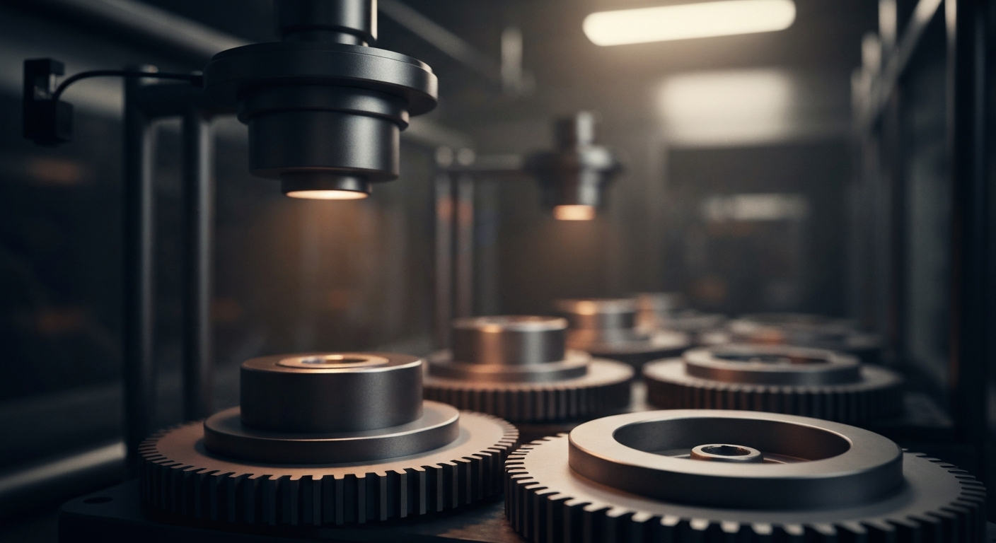 An extreme close-up of intricately engineered metal gears and machinery, representing the complex technological components that drive a semiconductor company's operations.