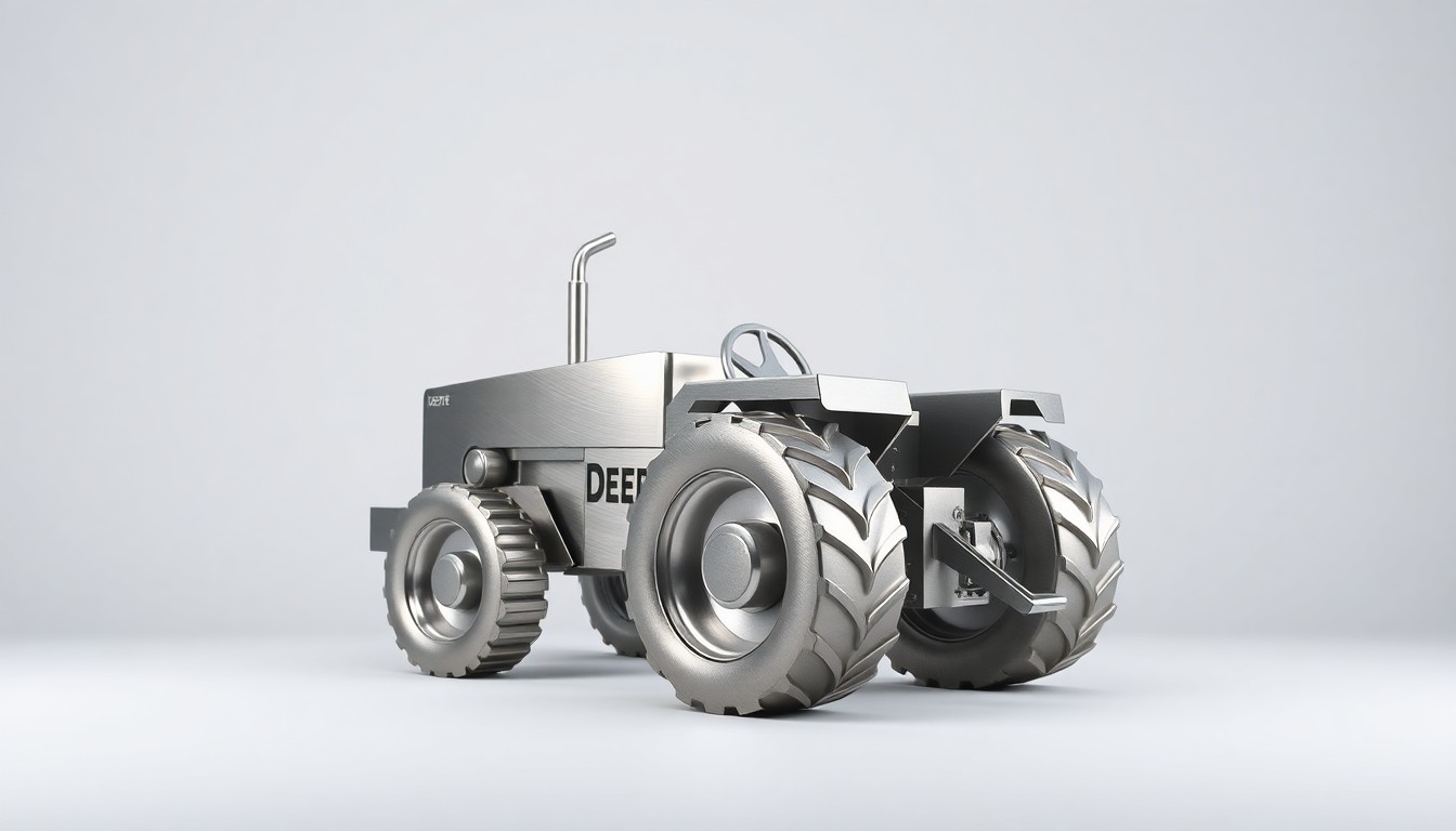 A close-up photograph of a polished, geometric metal sculpture in the shape of a tractor, resting on a clean, monochromatic background and reflecting the dramatic studio lighting, conceptually representing the quality and innovation of Deere's industrial products.