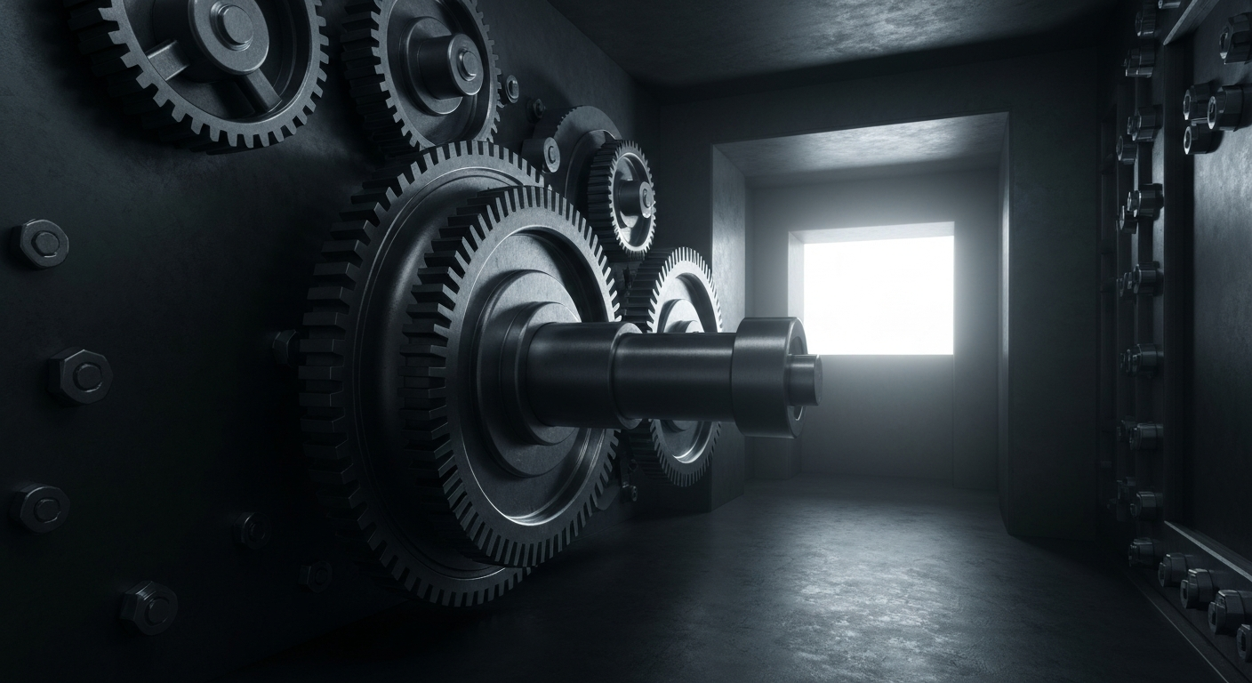 A highly detailed, black-and-white close-up image of the inner workings of a large bank vault, with gears, levers, and other industrial mechanisms filling the frame to convey a sense of the scale and complexity of modern financial infrastructure.