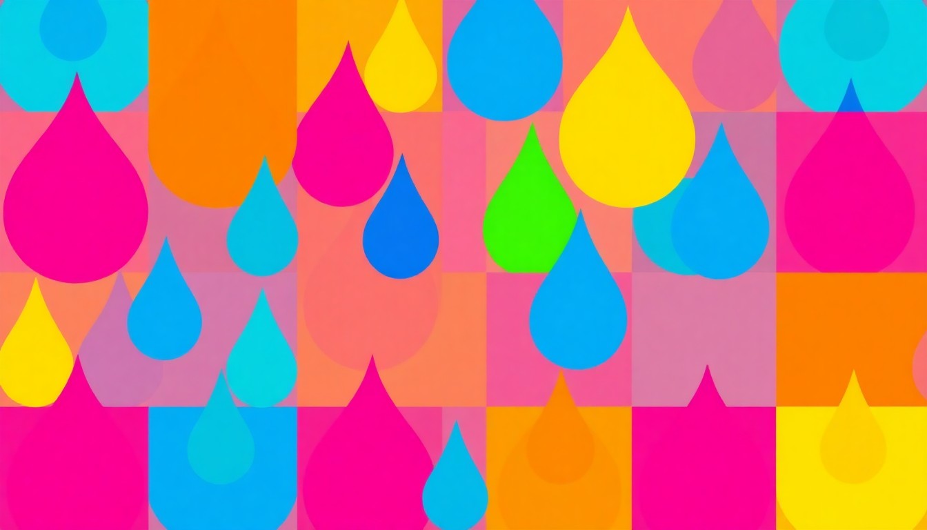 A highly stylized, abstract illustration composed of repeating water droplet icons in a grid, rendered in a bold, neon color palette with heavy black outlines, conceptually representing the community-focused water education and conservation efforts of the annual EVMWD festival.