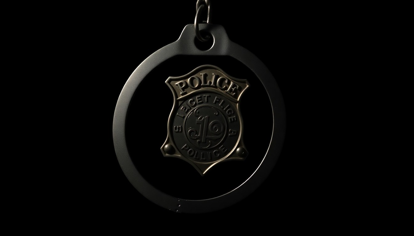 An extreme close-up of a police badge or handcuffs, the metallic surface reflecting a harsh, direct flash of light against a pitch-black background, conveying a sense of urgency and investigation into alleged wrongdoing.