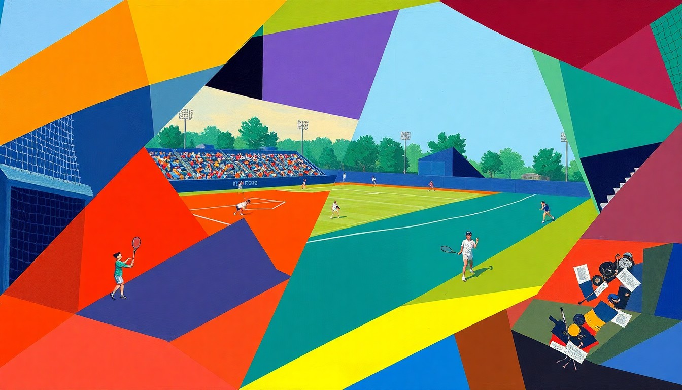 A cubist, geometric painting depicting the dynamic motion and energy of a college sports competition, with overlapping planes of color representing the players, field, and court.