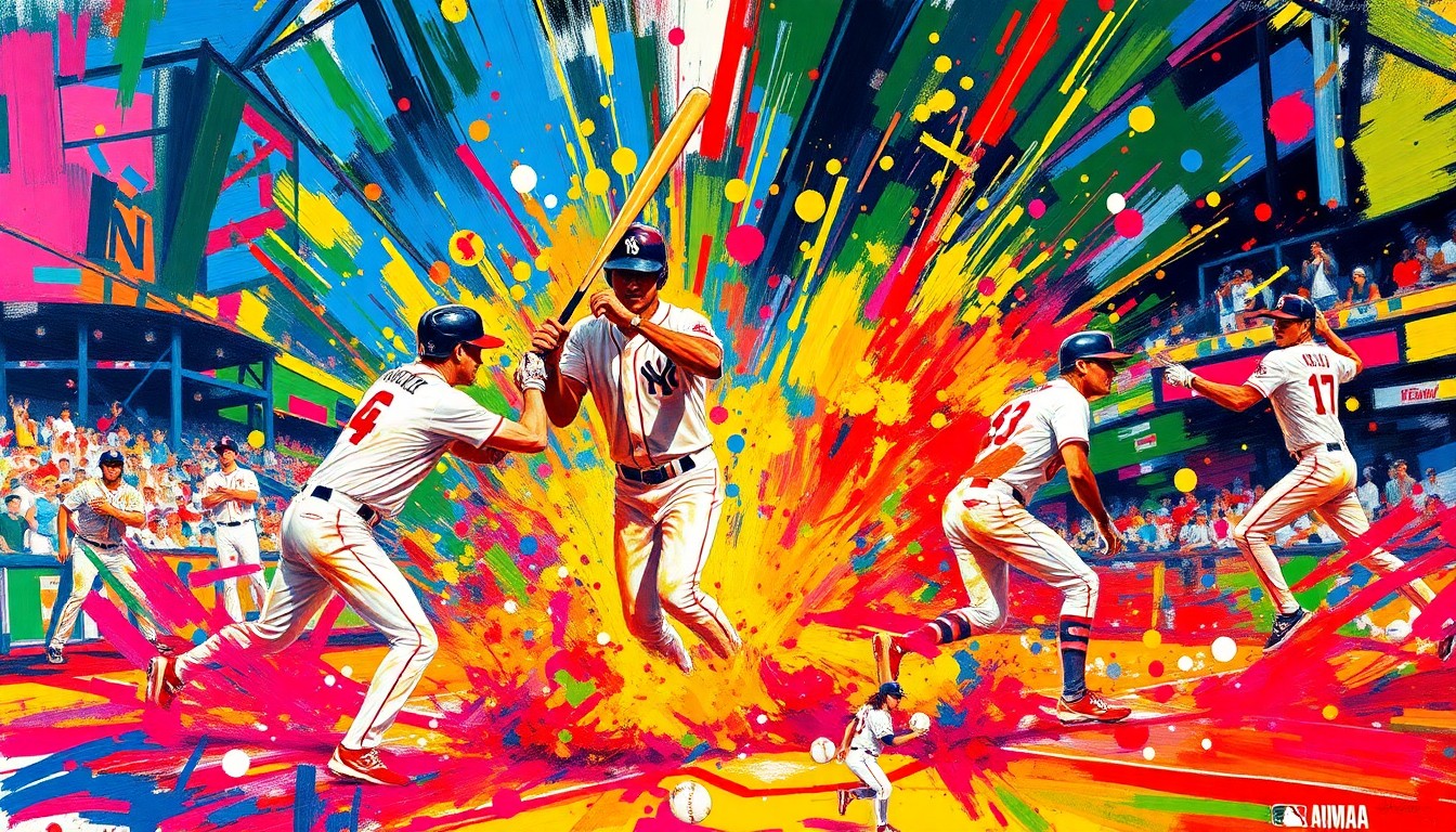 A dynamic, abstract painting in neon colors depicting the frenetic energy of a baseball game, with players' movements and the ball blending into a vibrant, expressionistic composition.