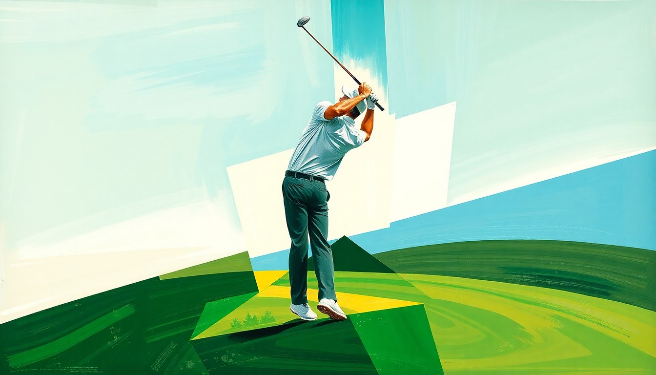A fragmented, geometric painting depicting a golfer in mid-swing, with overlapping planes of color representing the dynamic action of the sport.