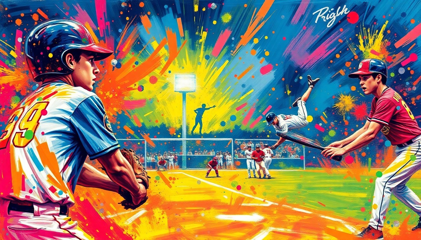 An abstract, energetic painting using bold, sweeping brushstrokes in neon colors to capture the intensity and emotion of a high school baseball game, with players' forms dissolving into vibrant splashes of paint.