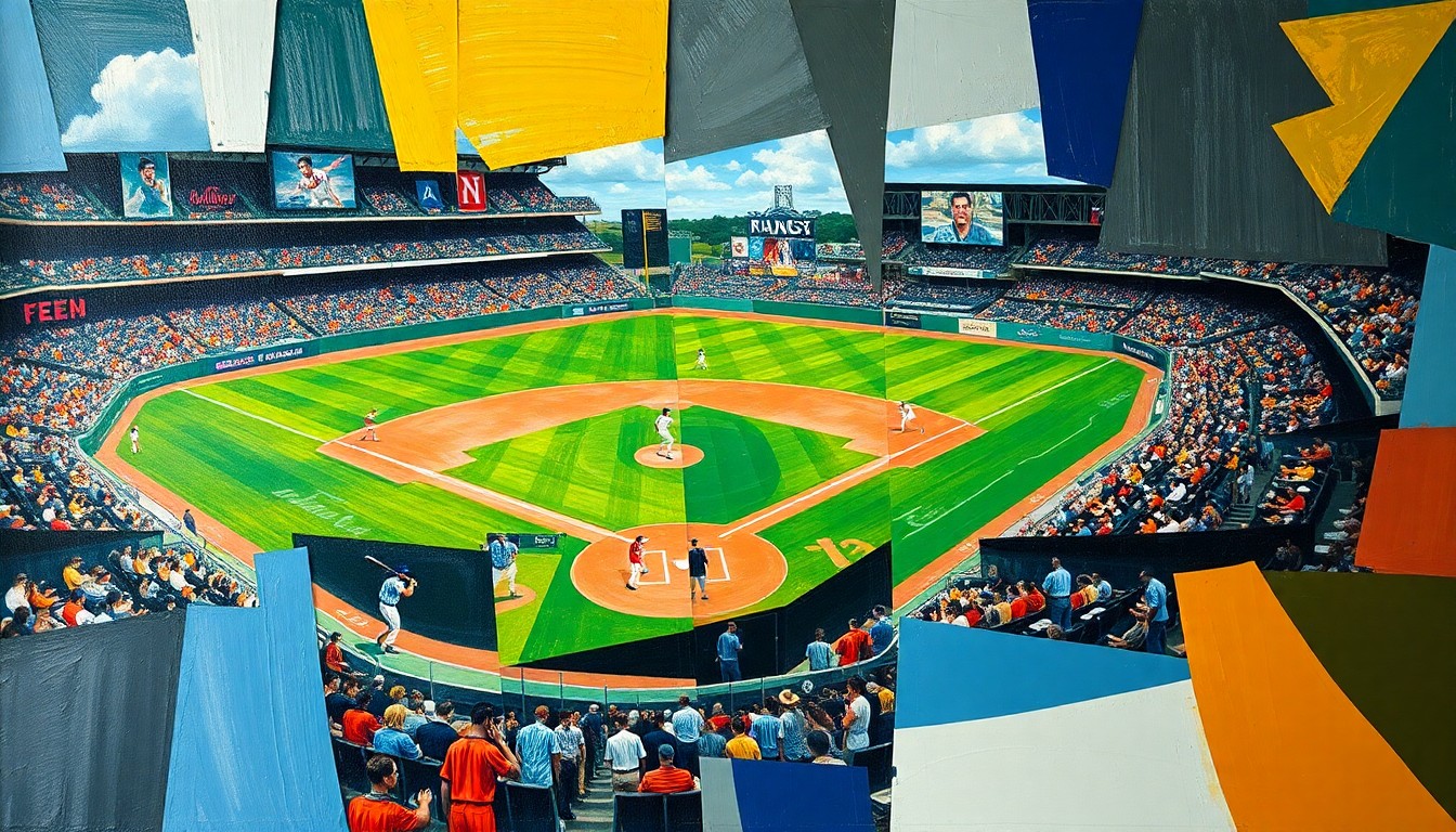 A cubist-style painting featuring overlapping geometric shapes and planes, abstractly representing a baseball game or match, without any recognizable figures or text.