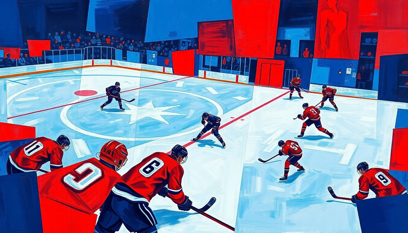 A fractured, multi-perspective painting depicting a hockey game, with sharp geometric shapes in navy blue, crimson red, and metallic silver representing the players, equipment, and ice surface, conveying the dynamic energy and tension of the close contest.
