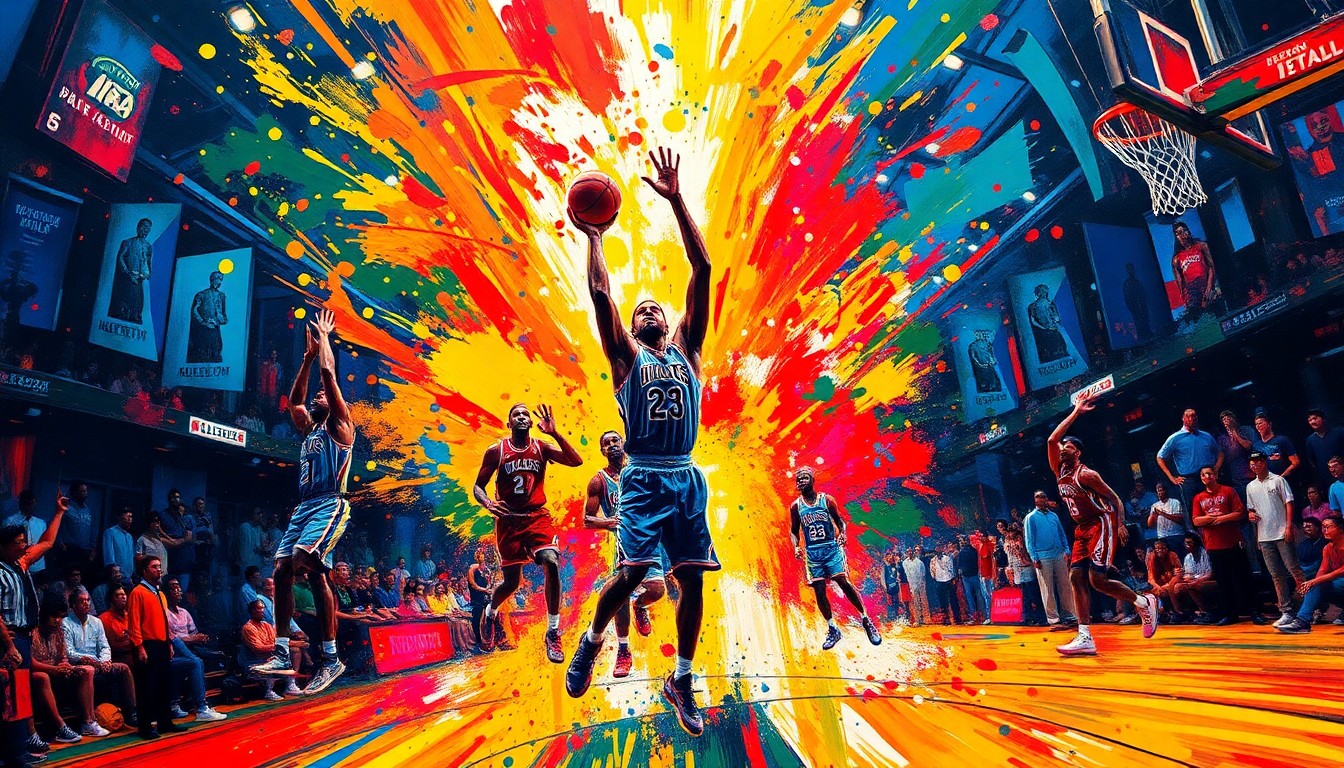 An abstract, energetic painting with bold brushstrokes and vibrant neon colors, capturing the intensity and movement of an NBA basketball game.