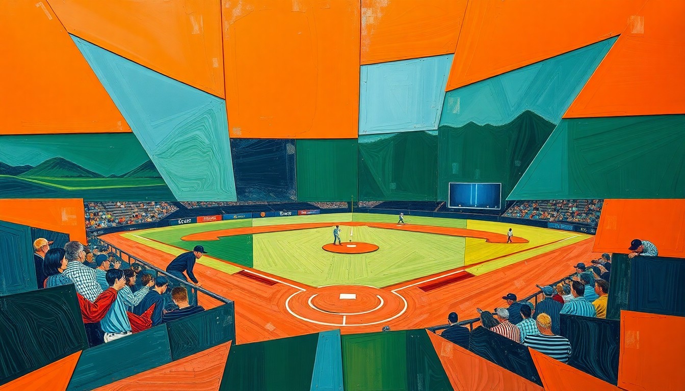 A fragmented, geometric painting depicting a slow pitch softball game in motion, with sharp planes of bright orange, navy blue, and forest green colliding to create a dynamic, abstract representation of the game's action.