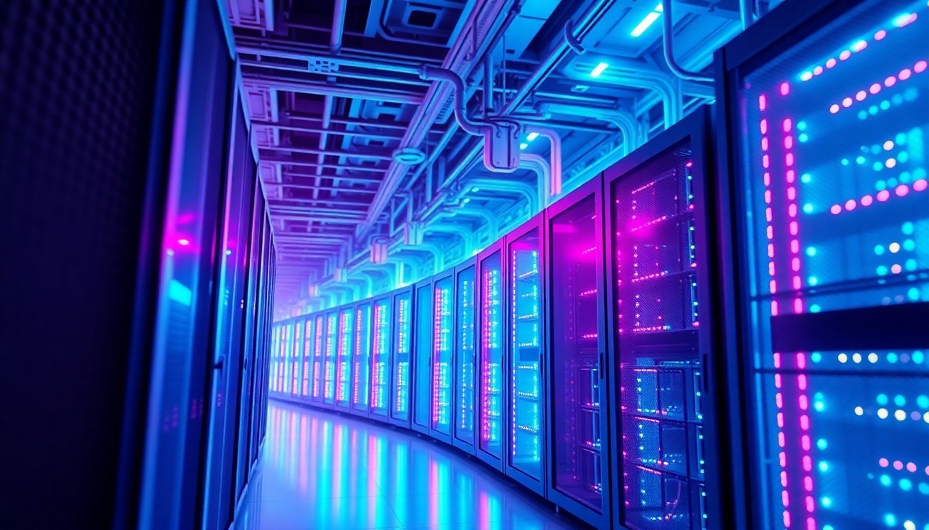 A highly detailed, glowing 3D macro illustration of a data center's cooling towers and server racks, illuminated by neon cyan and magenta lights, conceptually representing the scale and environmental impact of modern data infrastructure.