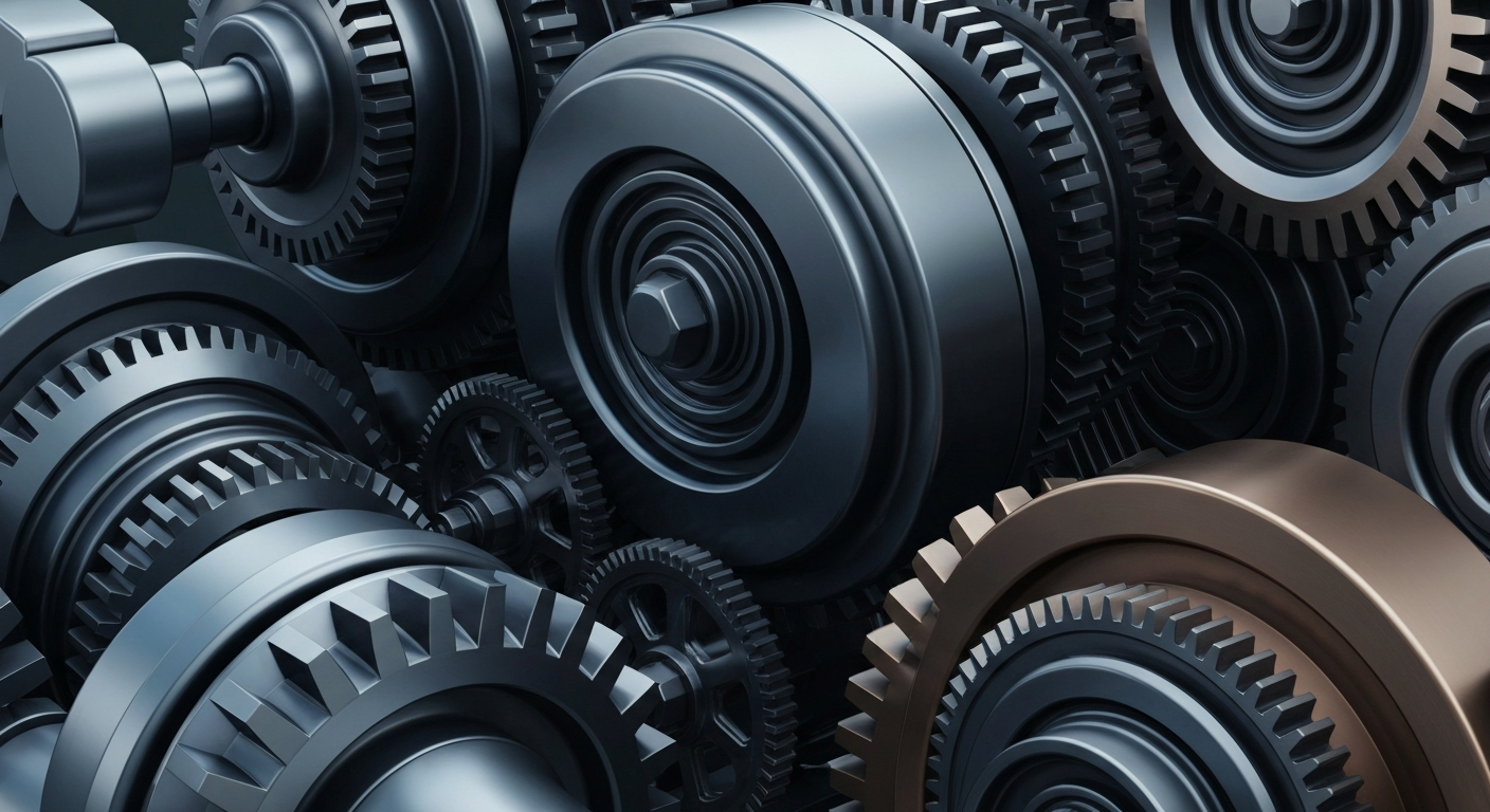 An extreme close-up of intricate, heavily textured industrial banking machinery and gears in shades of gunmetal grey, bronze, and steel blue, conveying a sense of institutional financial power and security.
