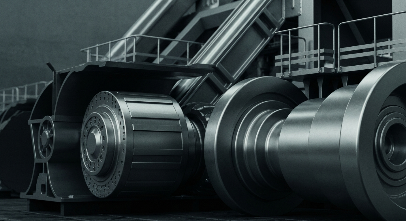 A highly detailed, black-and-white close-up image of the gears, levers, and other industrial components that make up the heavy machinery used in large-scale gold mining, conveying the scale and complexity of the industry.