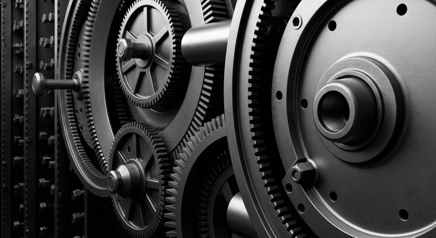 A high-contrast black and white close-up photograph of the heavy, industrial machinery and gears inside a large bank vault or safe deposit box, visually representing the secure storage of wealth and financial assets.