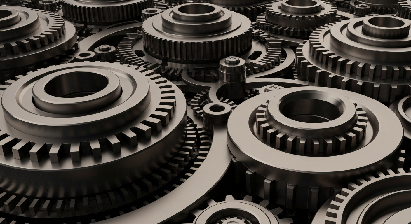 An extreme close-up of highly detailed, polished metal gears and machinery in shades of steel grey, bronze, and black, conceptually representing the complex financial infrastructure and institutional investment that powers the semiconductor industry.