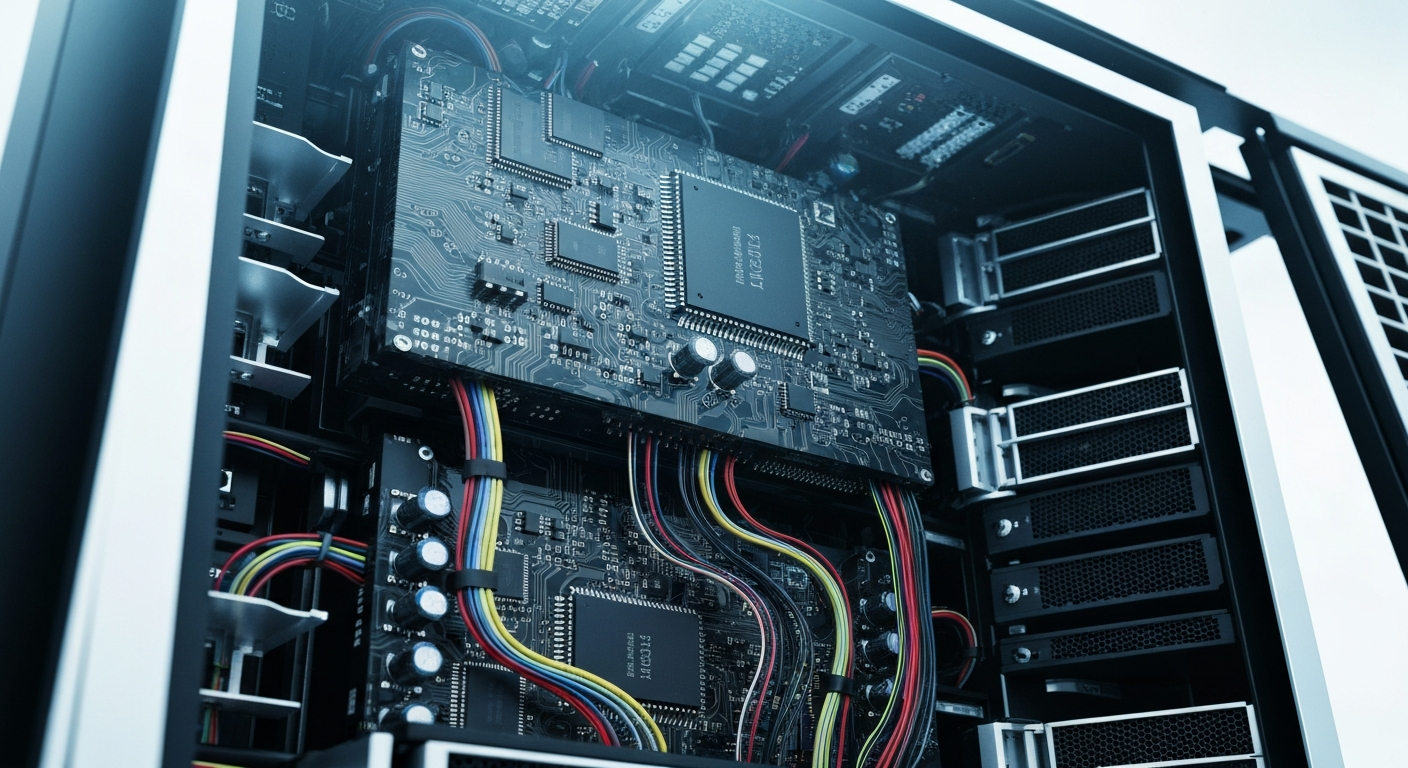 An extreme close-up of the complex inner workings of a computer server, with a maze of circuit boards, wires, and metallic components filling the frame, conceptually representing the financial infrastructure and institutional forces shaping the software industry.