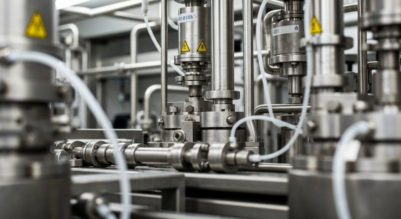 An extreme close-up of complex, industrial pharmaceutical machinery and equipment, conveying the technical sophistication of Bristol Myers Squibb's operations.