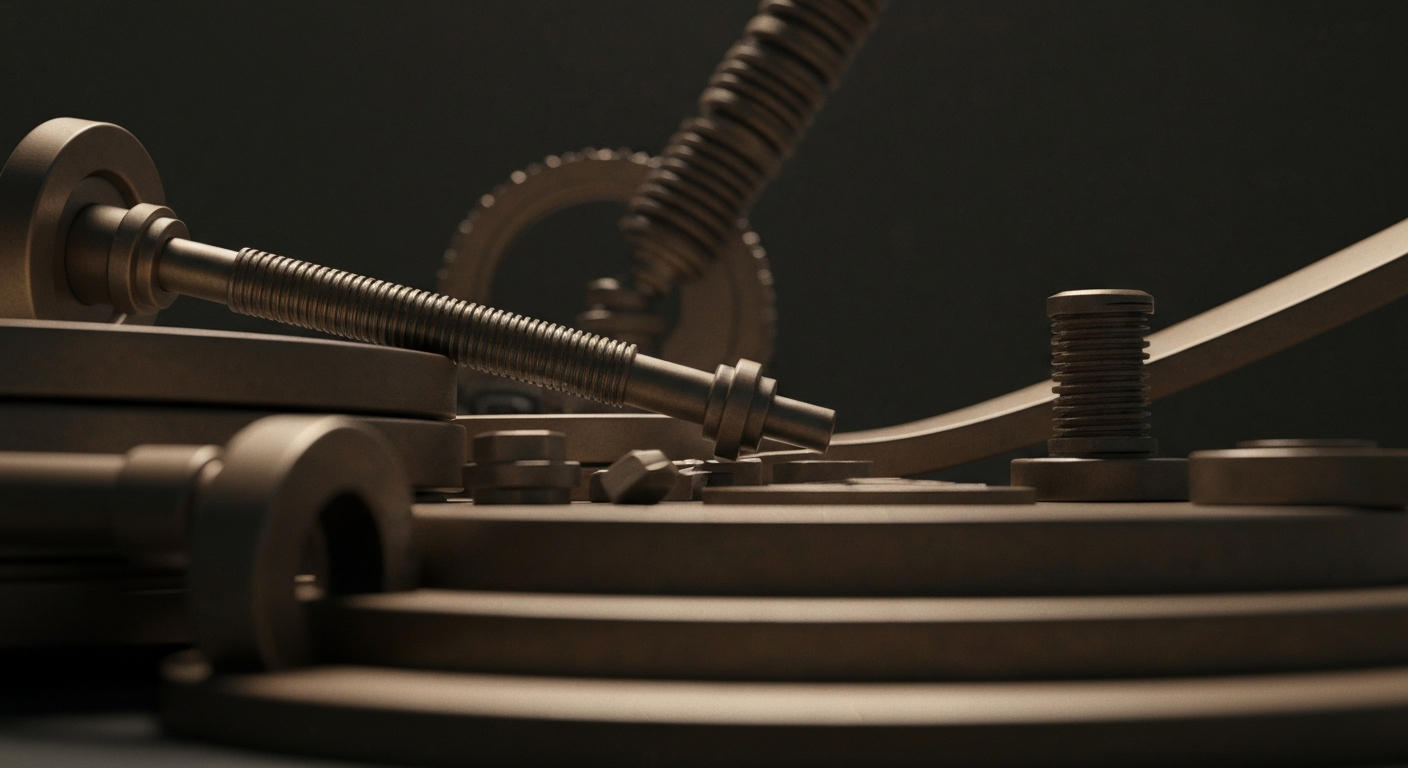 An extreme close-up of gears, levers, and other industrial components, conveying the complex financial systems that enable the growth of renewable energy companies like NextEra Energy.
