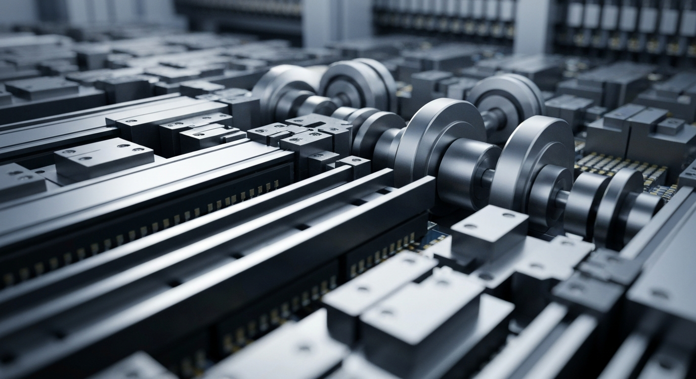 An extreme close-up of the intricate machinery and components inside a semiconductor fabrication plant, conveying the technical complexity of modern chip manufacturing.