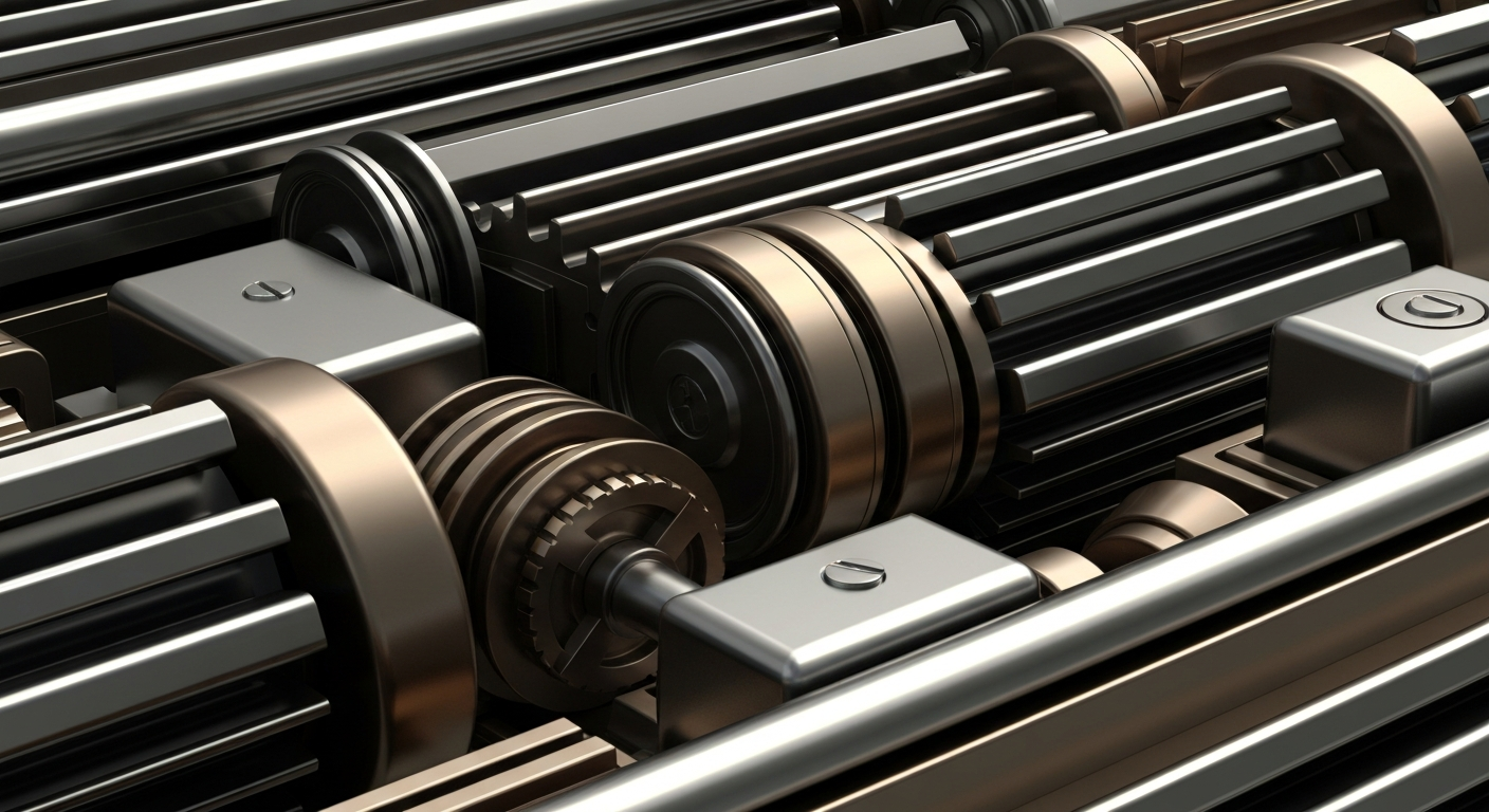 A highly detailed, macro-level view of the complex mechanical components that make up the internal workings of a large banking or financial institution, conveying a sense of the scale and sophistication of the healthcare industry's infrastructure.