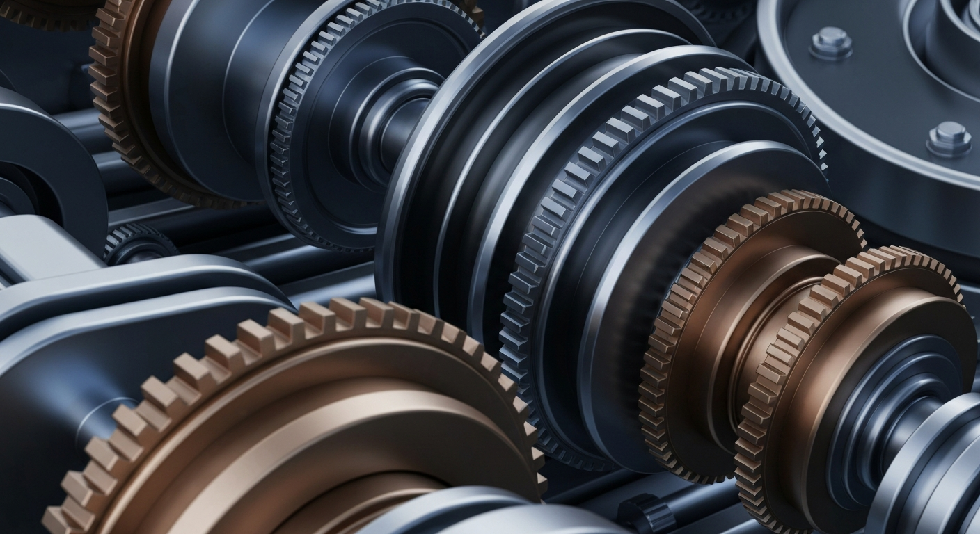 A highly detailed, cinematic close-up image of heavy, polished banking machinery and gears in shades of gunmetal grey, bronze, and steel blue, representing the secure, institutional nature of financial markets and investments.