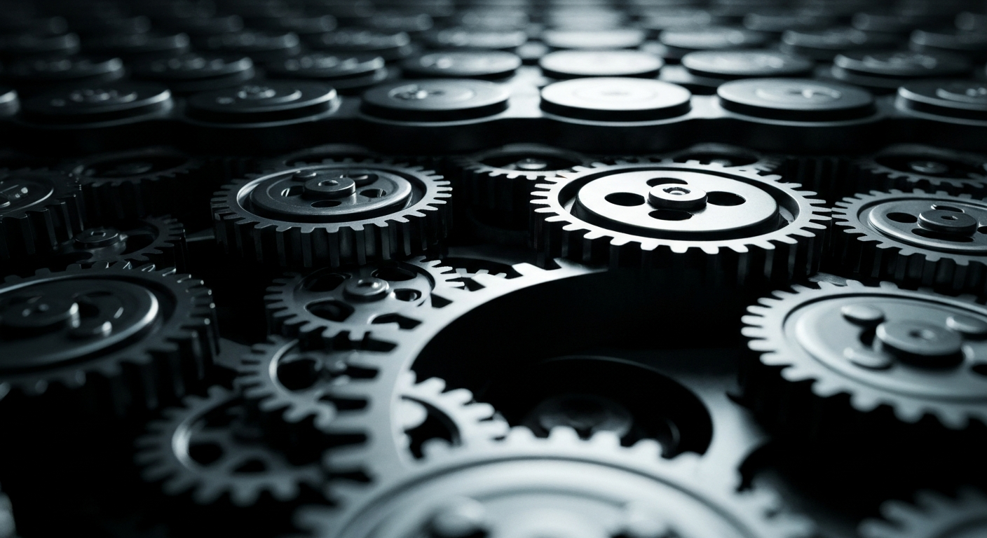 A highly detailed, black-and-white close-up image of the inner workings of a stock trading terminal, with gears, circuits, and other mechanical components filling the frame, conveying the complex financial systems that drive consumer goods companies.