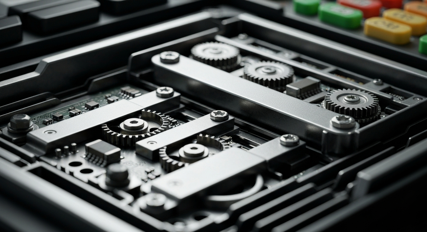 An extreme close-up of the complex internal mechanisms of a Mastercard payment terminal, conveying the robust, industrial nature of financial infrastructure.