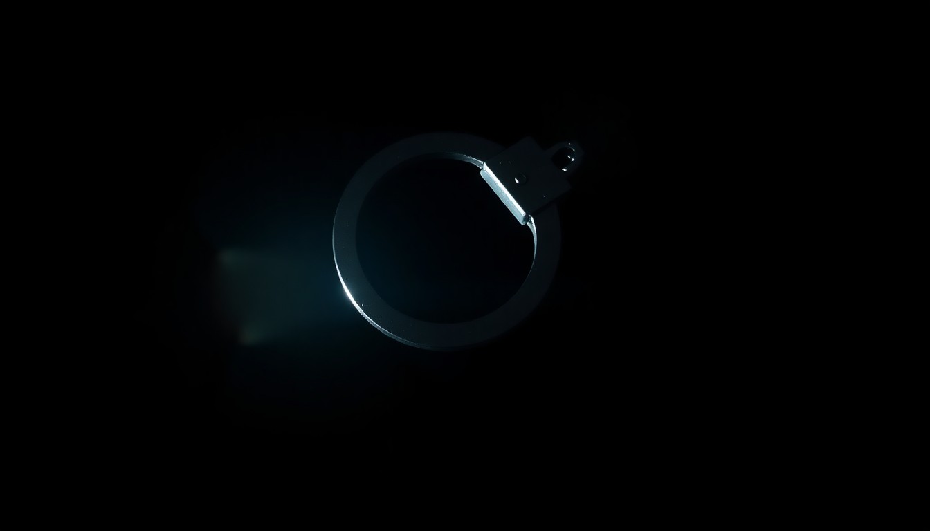 An extreme close-up photograph of a single handcuff against a pitch-black background, conveying the serious and investigative nature of the crime.