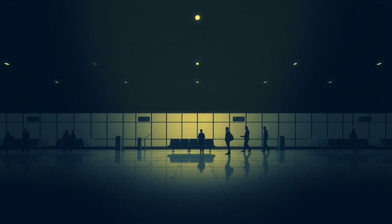 A dimly lit, cinematic painting of an empty airport terminal, with a few solitary passengers waiting in the shadows, conveying a sense of quiet contemplation and the changing dynamics of regional air travel.