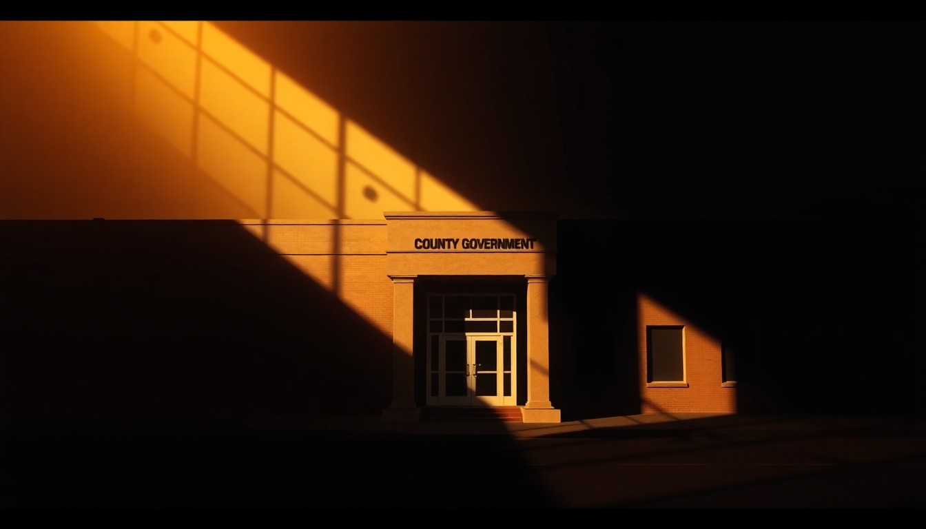 A serene, cinematic painting of an empty county government office building, its windows and walls casting long shadows across the frame as warm sunlight streams in, evoking a sense of civic duty and the weight of responsibility.
