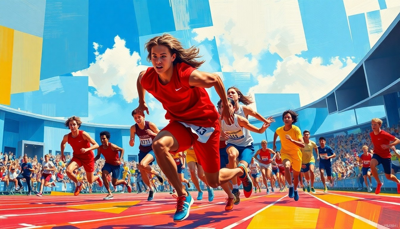 A fragmented, geometric painting in bold primary colors depicting the overlapping movements and perspectives of a high school track and field event.