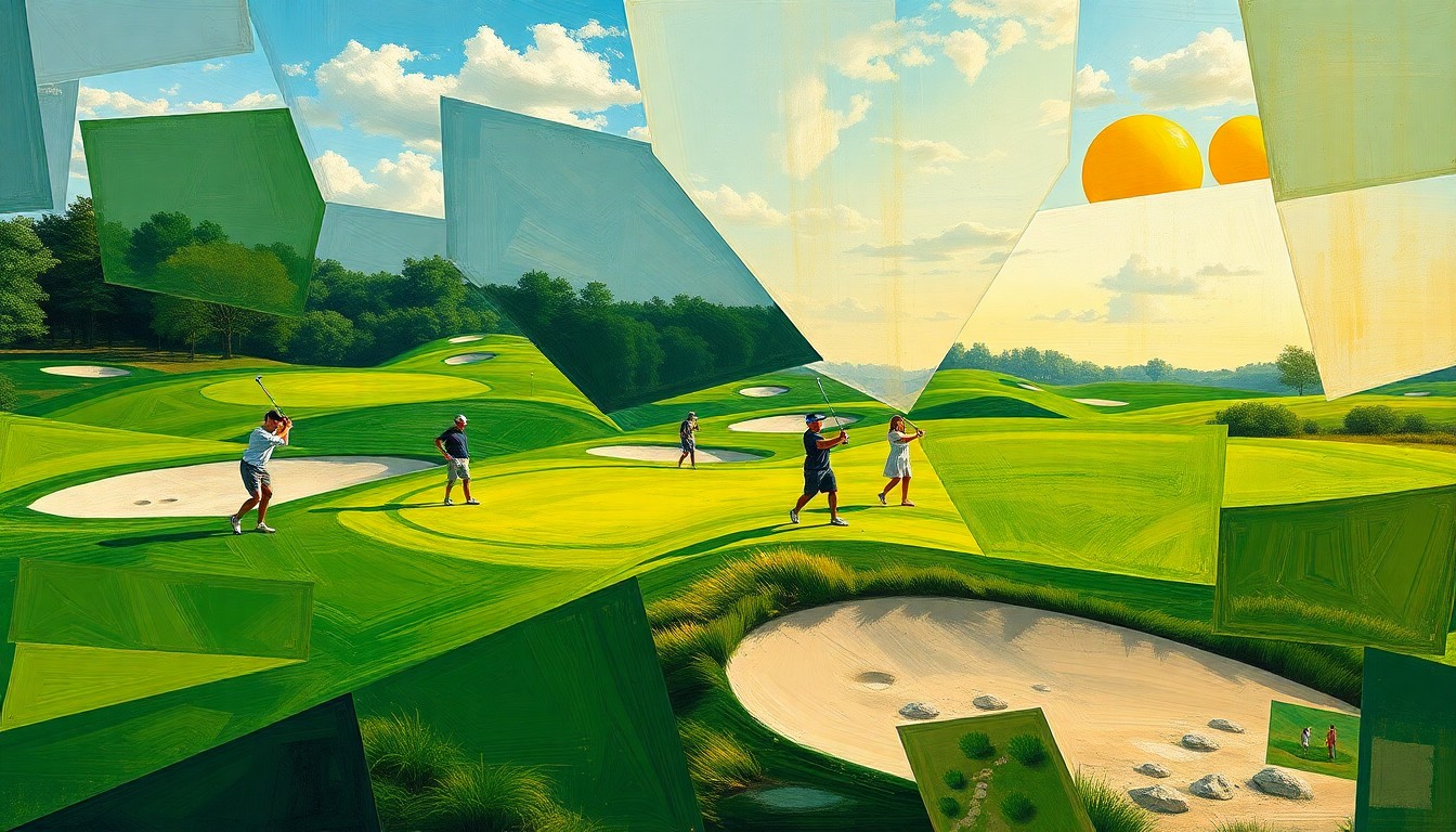 A cubist, geometric painting depicting a high school golf match, with overlapping planes of green fairways, sand traps, and swinging golf clubs, conveying the competitive energy of the sport.