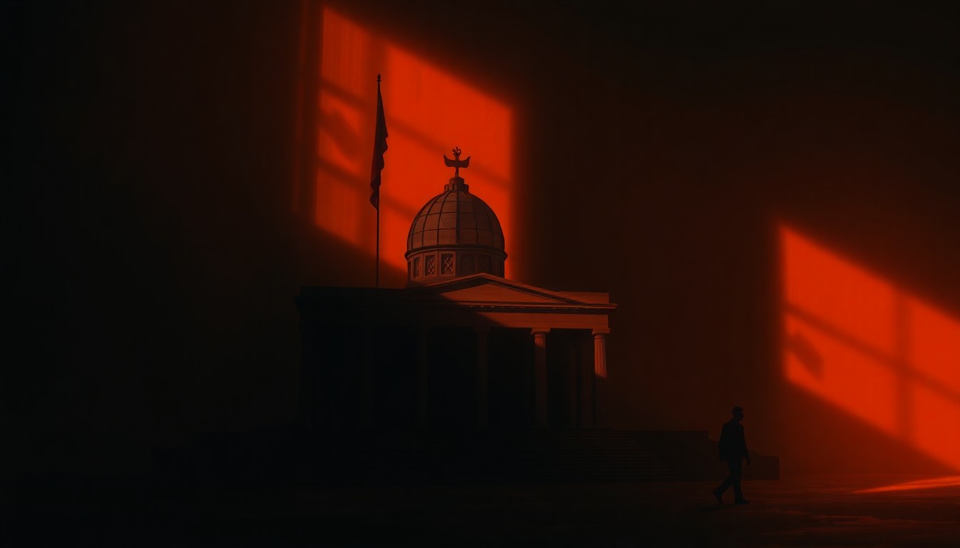 A dimly lit, cinematic painting of a solitary Middle Eastern government building or political figure, with warm sunlight casting dramatic shadows across the scene, conceptually representing the shifting power dynamics in the region.