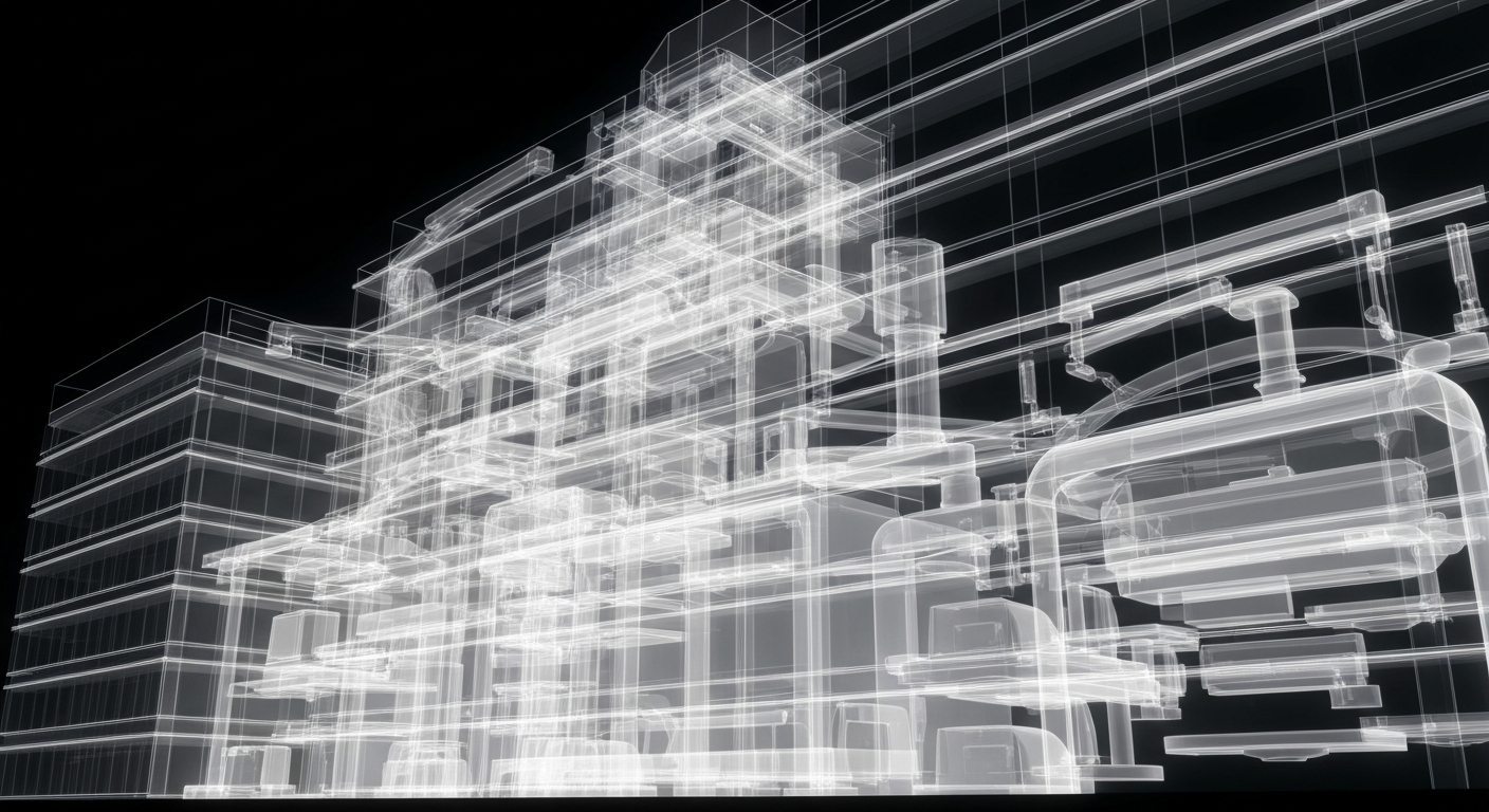 An X-ray-style illustration revealing the internal structure of a modern cancer treatment facility, with ghostly lines defining the building's architecture and medical equipment against a dark background.