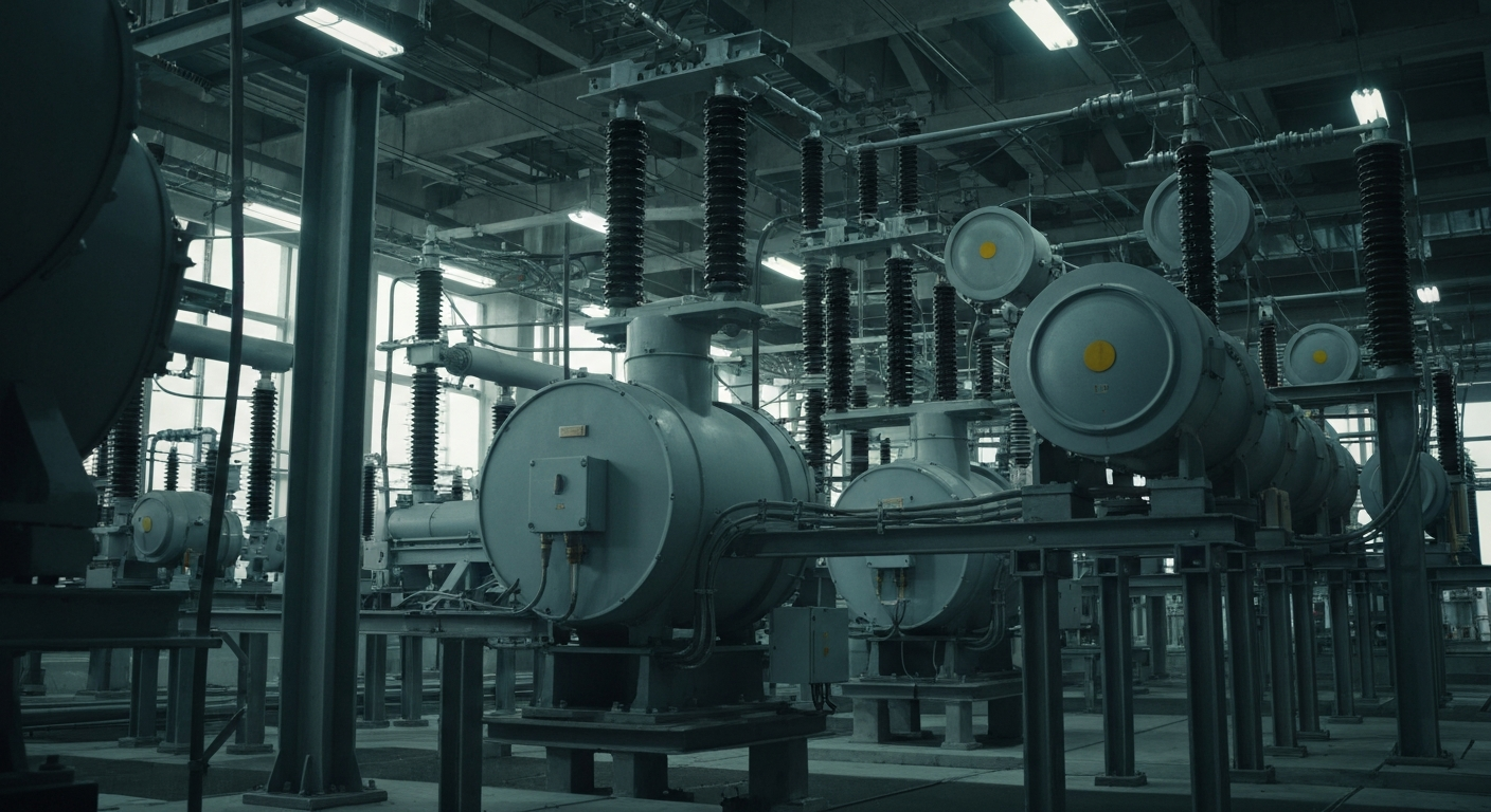 A close-up, black-and-white image of the intricate machinery and equipment inside a utility substation, conveying the scale and complexity of the infrastructure that powers the electrical grid.