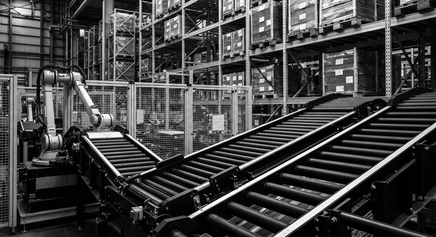 A high-contrast, close-up image of Amazon's industrial logistics machinery, including conveyor belts, robotic arms, and storage shelves, conveying the scale and complexity of the company's physical infrastructure.