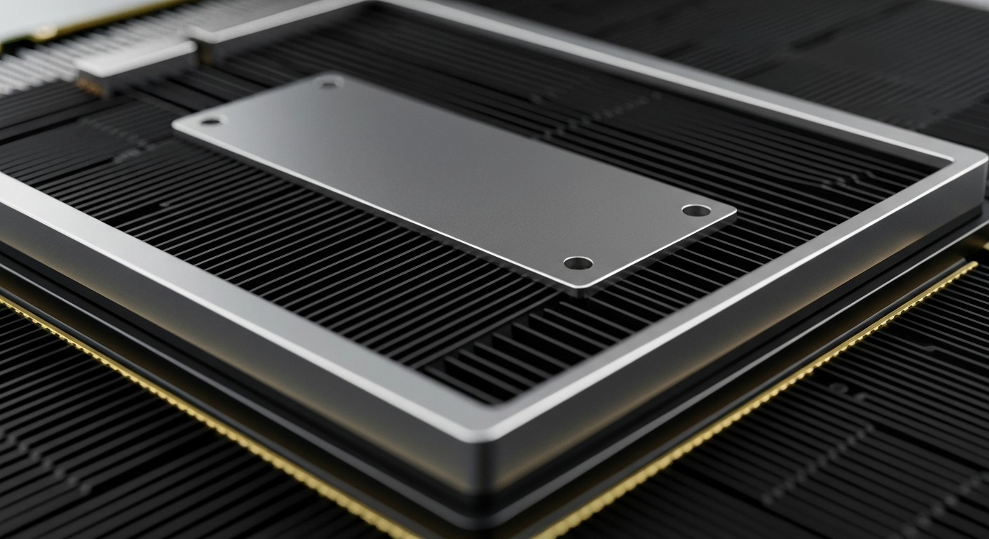 An extreme close-up of the complex, metallic components and circuitry of a high-performance graphics processing unit, conveying the industrial power and precision of NVIDIA's semiconductor technology.