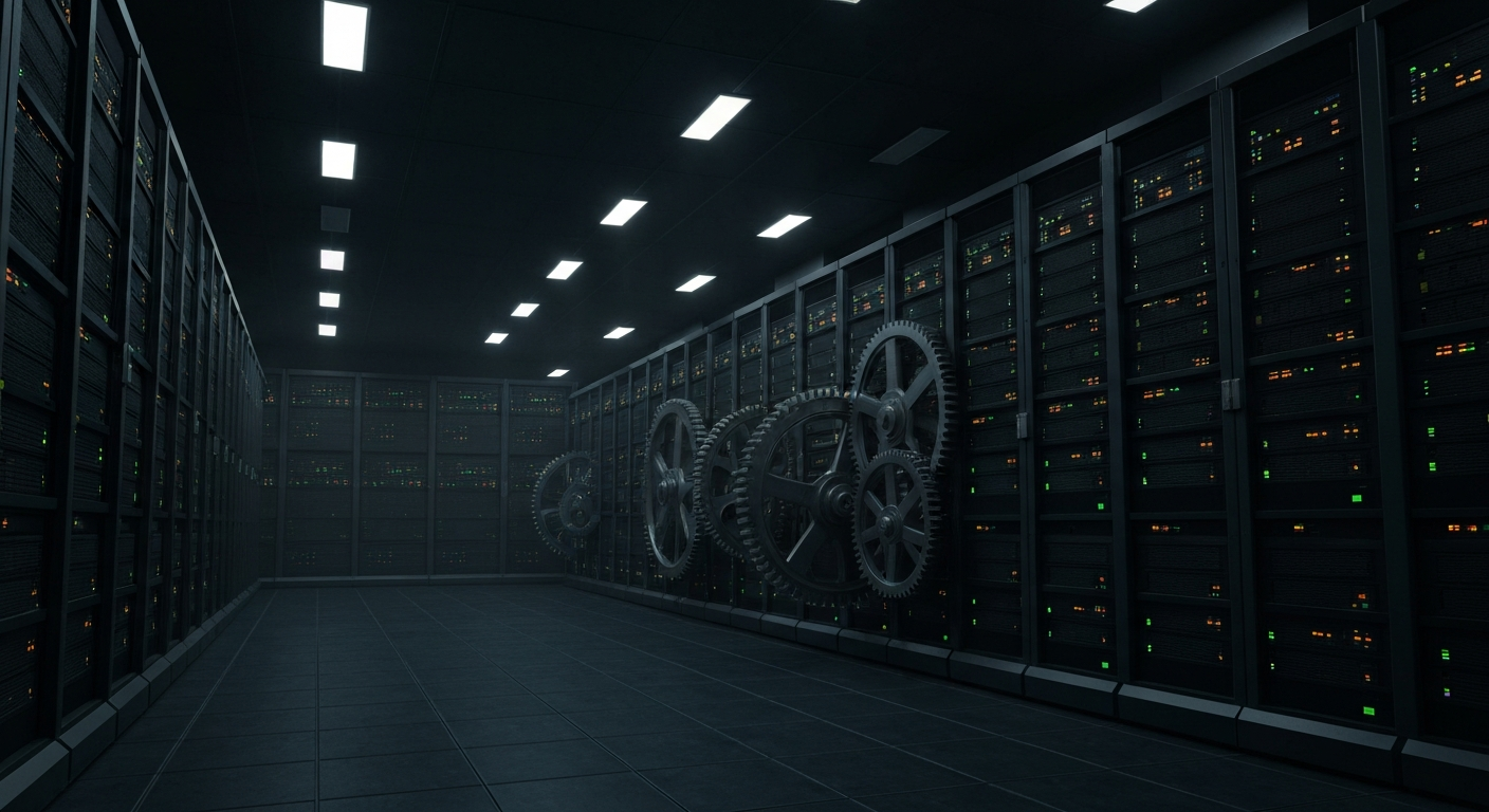 An extreme close-up of intricate, interlocking metal gears and machinery, conveying the complex financial infrastructure and institutional power of Microsoft Corporation.