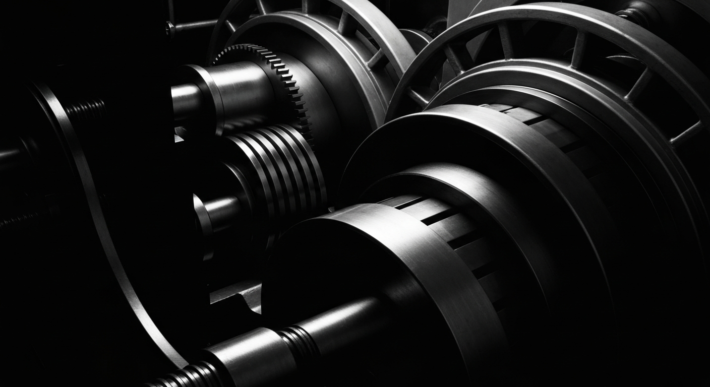 An extreme close-up of the gears, levers, and metal components that make up the inner workings of a banking vault or financial institution, captured in a high-contrast, cinematic style that emphasizes the industrial power and security of the financial system.