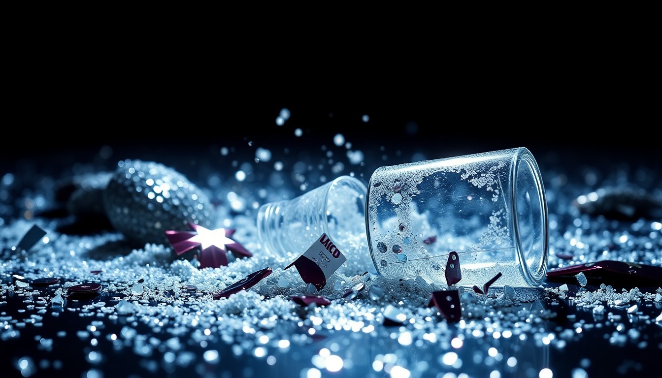 An abstract close-up image featuring a textured pattern of shimmering sequins and shards of broken glass, conveying a sense of high-end glamour and celebrity culture without depicting any specific people or objects.