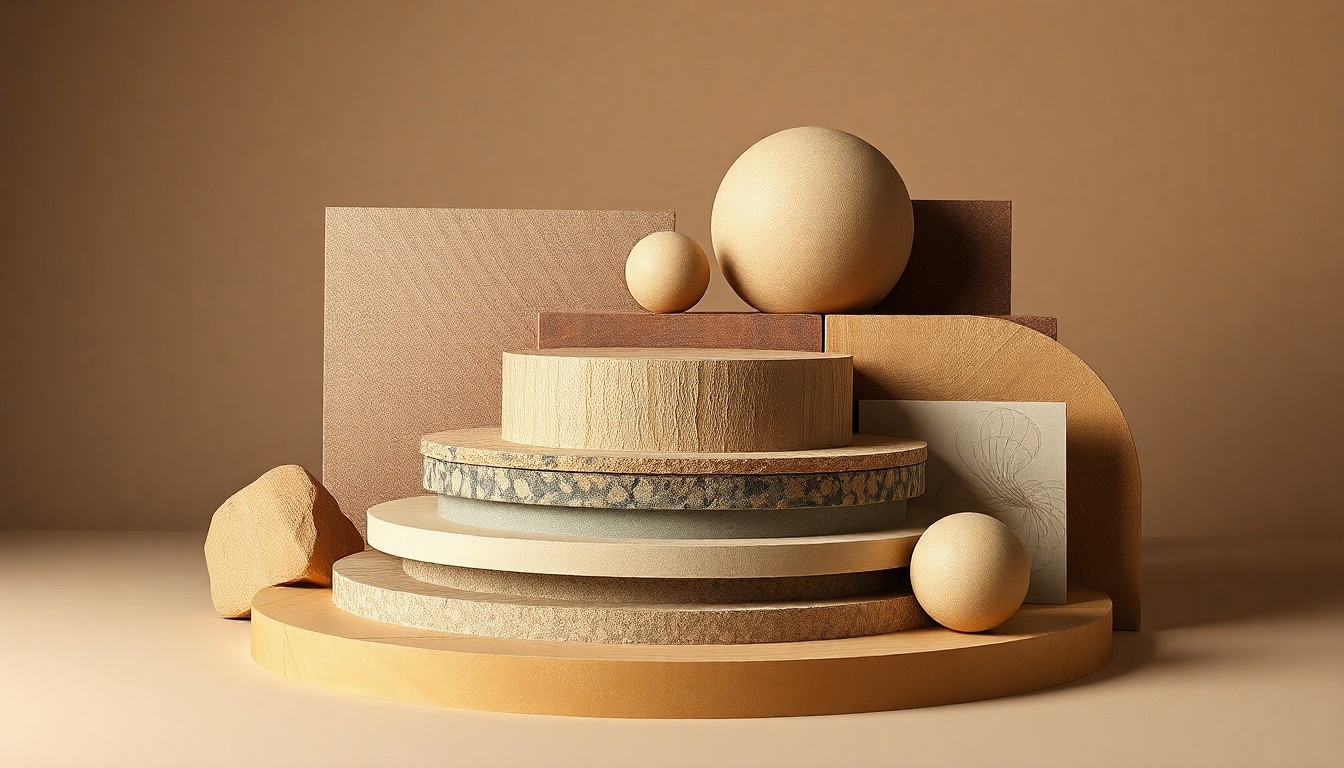 A minimalist studio still life photograph featuring a collection of polished wooden blocks, smooth stone shapes, and other premium materials arranged elegantly on a clean, monochromatic background, conceptually representing the layers of research and planning guiding the Union Pier redevelopment.
