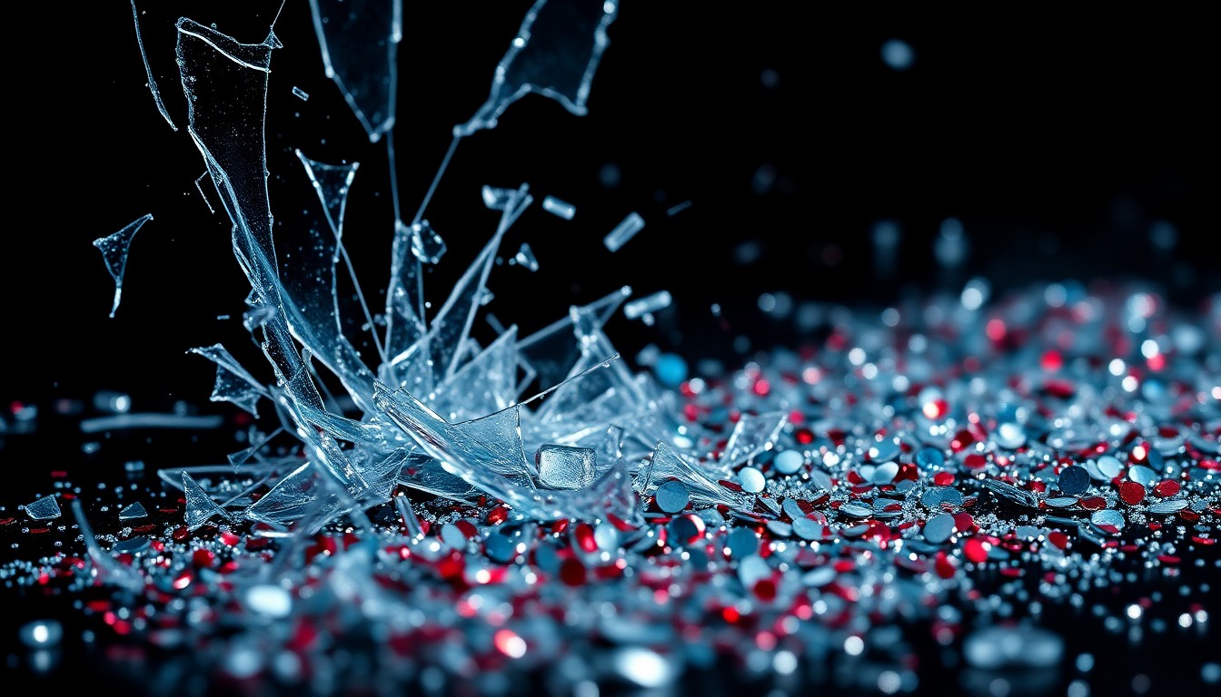 An extreme close-up of shattered glass and glittering sequins, conceptually representing the tension and drama of the entertainment industry.