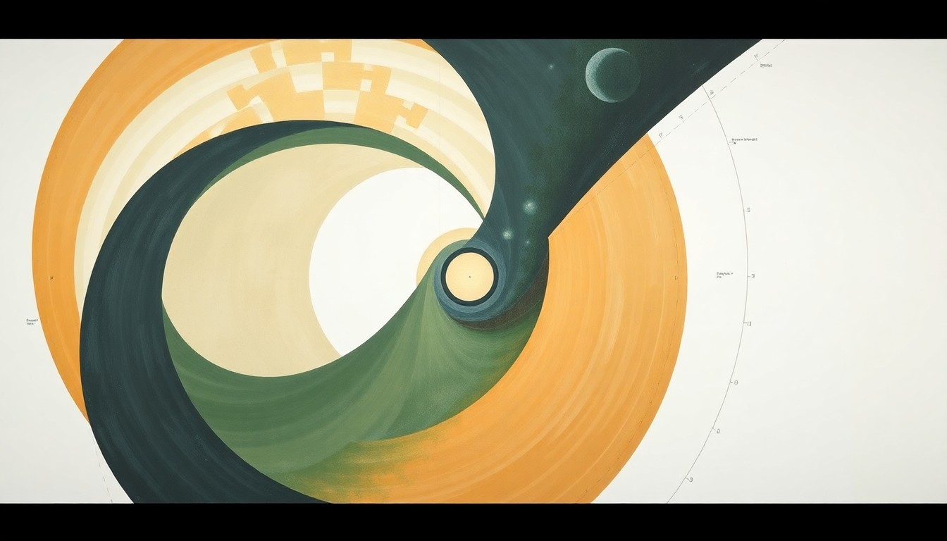 A bold, abstract painting in earthy tones of ochre, sage green, and deep blue, featuring sweeping geometric arcs, concentric planetary circles, and precise botanical spirals, conceptually representing the complex forces and concepts of the Artemis II mission to the moon.