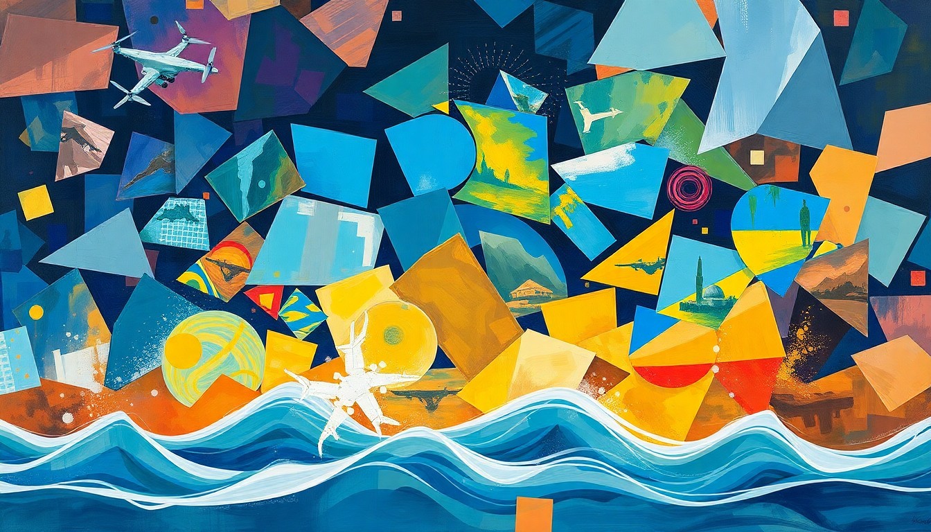 A vibrant, abstract painting composed of overlapping geometric shapes and waves of color in shades of blue, green, and gray, conceptually representing the rapid expansion of Ukraine's defense technology capabilities in areas like drones, robotics, and electronic warfare.