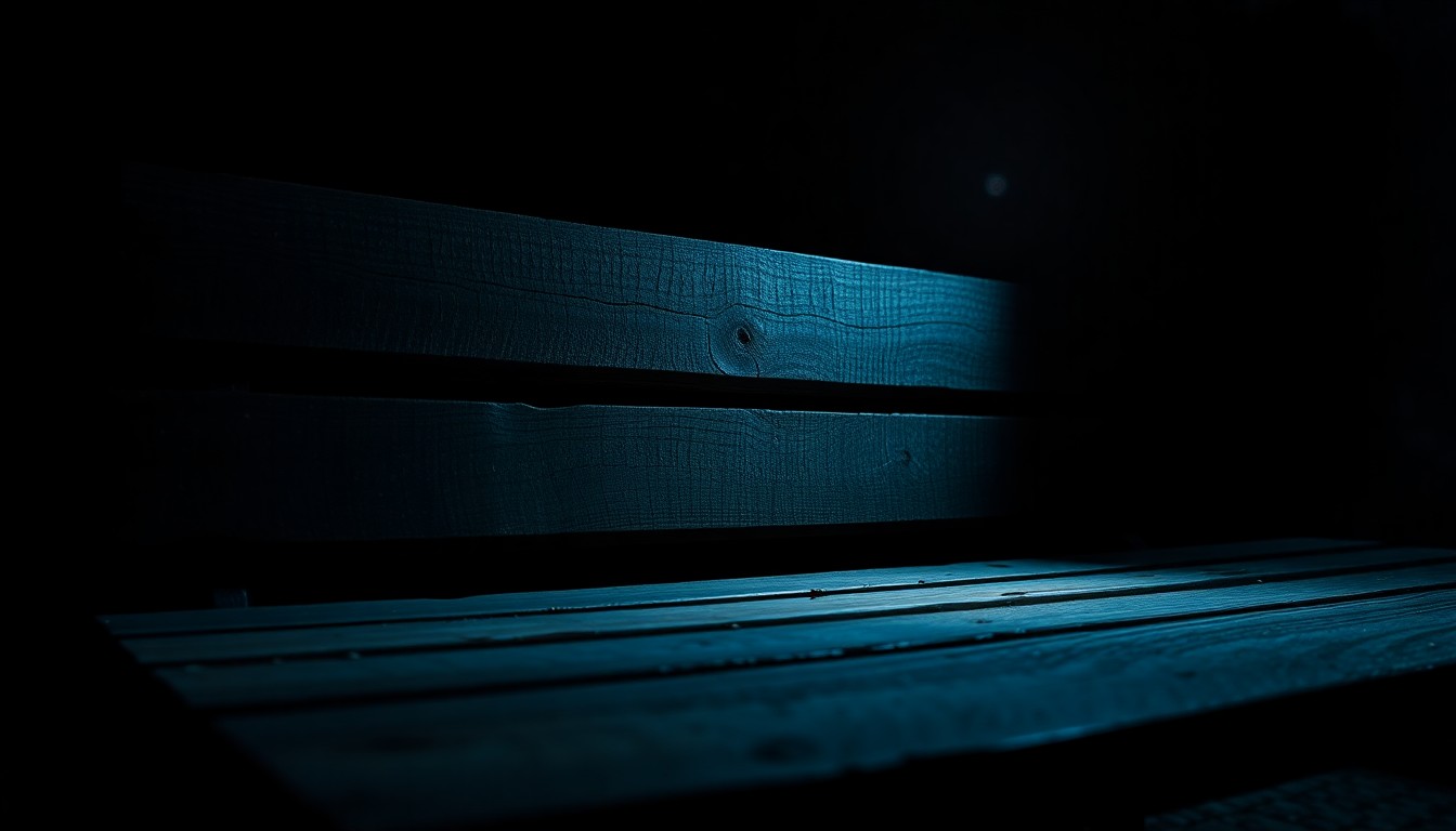An extreme close-up photograph of a cracked and weathered wooden park bench, lit by a harsh, direct camera flash against a pitch-black background, conceptually representing the search for a missing person in an urban setting.